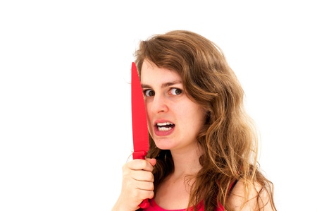 killer woman with knife on a white backgroundの写真素材