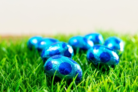 Easter eggs on green grassの写真素材
