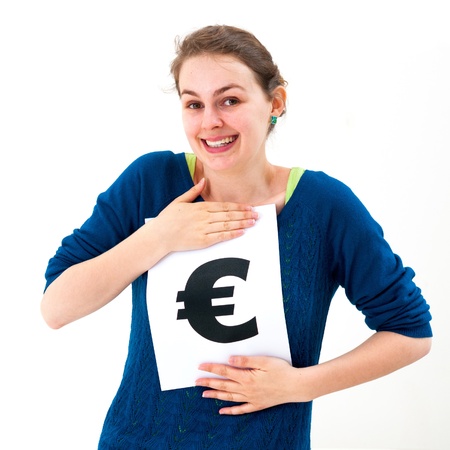 portrait young woman with board euro mark の写真素材