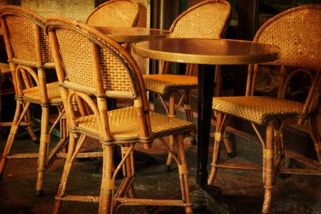 old-fashioned coffee terrace with tables and chairs,paris Franceの写真素材