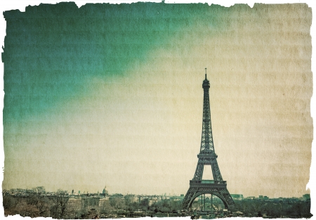 retro style Eiffel Tower  nickname La dame de fer, the iron lady ,The tower has become the most prominent symbol of both Paris and Franceの写真素材