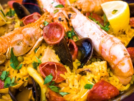 Prawn with rice - closeup of prawn with rice - traditionnal spanish food paellaの写真素材