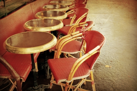 old-fashioned coffee terrace with tables and chairs,paris Franceの写真素材