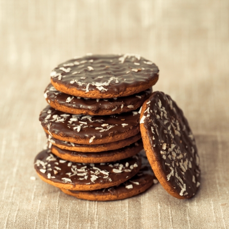 Chocolate chips cookies on brown napkin の写真素材