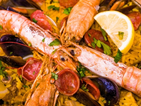Prawn with rice - closeup of prawn with rice - traditionnal spanish food paellaの写真素材