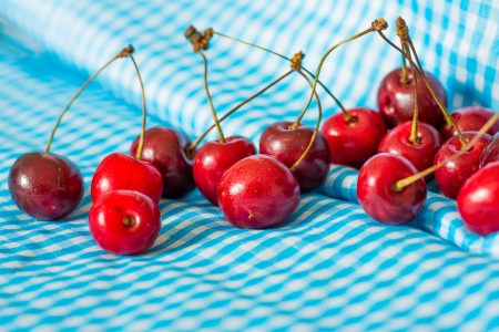 fresh cherries on blue napkinの写真素材