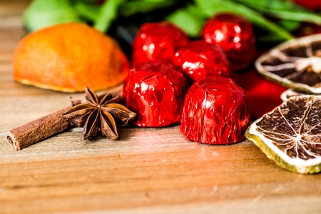 Closeup chocolate on Wood backgroundの写真素材