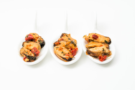 Mussel with white wine sauce on table の写真素材