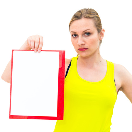Beautiful woman with a folder on a white backgroundの写真素材