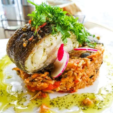 grilled salmon and rice-french cuisine dish with tomato and salmon 