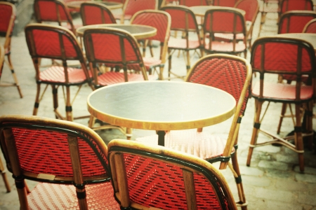 old-fashioned coffee terrace with tables and chairs,paris Franceの写真素材
