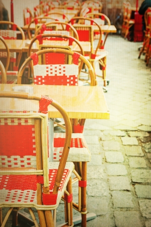 old-fashioned coffee terrace with tables and chairs,paris Franceの写真素材