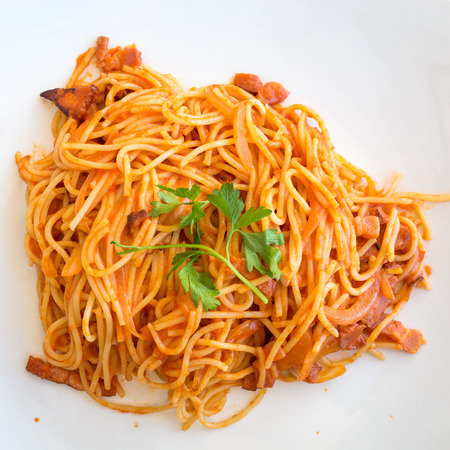 tasty pasta-Italian meat sauce pasta on the tableの写真素材
