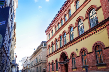 Budapest, Hungary.-March 20: Traditional old buildings on March 20, 2014. Beautiful street view of historic architectural in Budapest, Hungary, Europeのeditorial素材