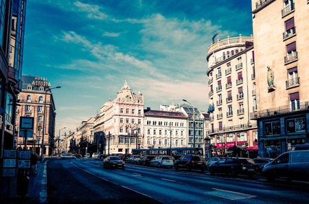 Budapest, Hungary.-March 20: Traditional old buildings on March 20, 2014. Beautiful street view of historic architectural in Budapest, Hungary, Europeのeditorial素材
