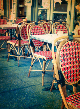 old-fashioned coffee terrace with tables and chairs,paris Franceの写真素材