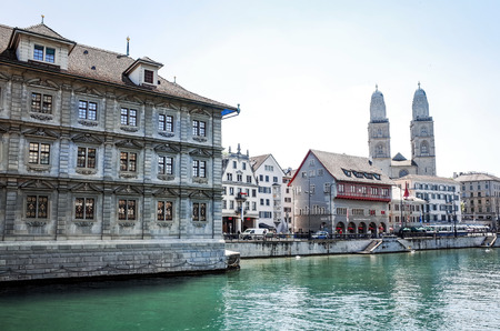 ZURICH, SWITZERLAND-June 21:  Beautiful street view of Traditional old buildings in Zurich, the Switzerland. June 21, 2014 in ZURICHのeditorial素材