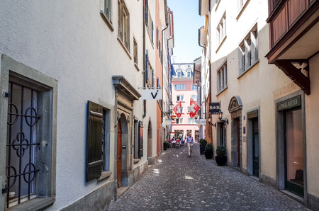 ZURICH, SWITZERLAND-June 21:  Beautiful street view of Traditional old buildings in Zurich, the Switzerland. June 21, 2014 in ZURICHのeditorial素材