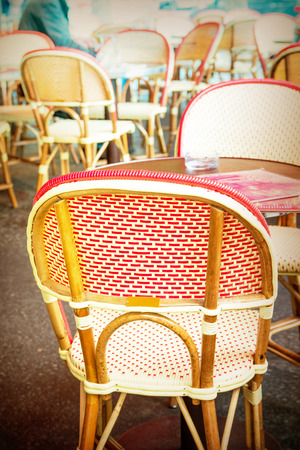 old-fashioned coffee terrace with tables and chairs,paris Franceの写真素材