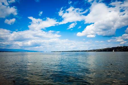 fountain park in Moonlit Lake Geneva, Switzerlandの写真素材