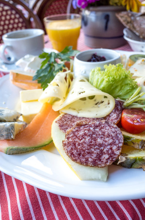 close up of tasty cold meats on the tableの写真素材