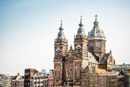 street view of Traditional old buildings in Amsterdam, the Netherlandsの写真素材