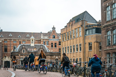 street view of Traditional old buildings in Amsterdam, the Netherlandsの写真素材
