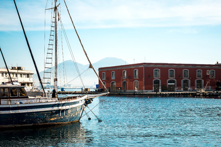 view of Naples harbor with boats, italy Europeの写真素材