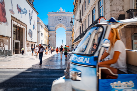 Lisbon, Portugal.- May 11: Traditional old buildings on May 11, 2014. Beautiful street view of historic architectural in Lisbon, Portugal, Europeのeditorial素材