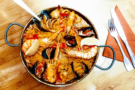 Prawn with rice - closeup of prawn with rice - traditionnal spanish food paellaの写真素材