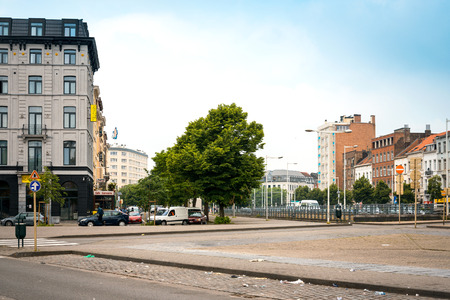 BRUSSELS, BELGIUM - June 16, 2016. Street view of Buildings around city night, one of the most popular tourist destinations in brussel, Belgium.のeditorial素材