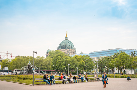 BERLIN, GERMANY- May 18: Traditional old Berlin Cathedral. Beautiful street view of Berliner Dom in Berlin on May 18, 2016. BERLIN, Germany.のeditorial素材