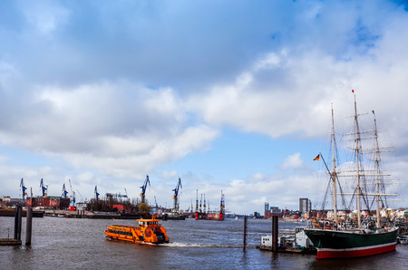 HAMBURG, GERMANY - APRIL 3 : Street view of Cruise ship in the harbor of Hamburg on April 3, 2015,...