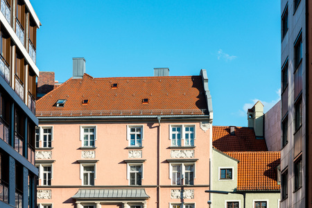 Traditional street view of old buildings in Munich, Bavaria, Germanyの写真素材