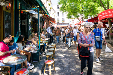 PARIS, FRANCE - August 7, 2016 : beautiful Street view of  Montmartre in Paris, many artists had studios or worked in or around Montmartre. August 7, 2016, Paris, France.のeditorial素材