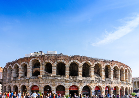 Verona, ITALY - September 3, 2016. Beautiful street view of  Verona center. Shakespeare's plays are set in Verona: Romeo and Juliet, The Two Gentlemen of Verona, and The Taming of the Shrew.のeditorial素材