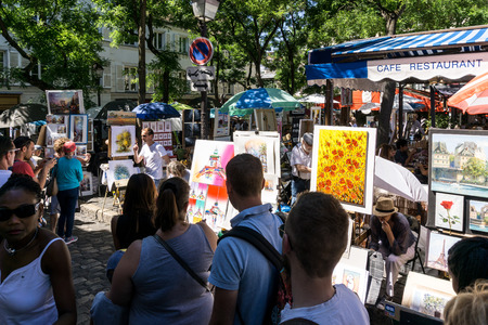 PARIS, FRANCE - August 7, 2016 : beautiful Street view of  Montmartre in Paris, many artists had studios or worked in or around Montmartre. August 7, 2016, Paris, France.のeditorial素材