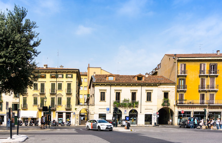 Verona, ITALY - September 3, 2016. Beautiful street view of  Verona center. Shakespeare's plays are set in Verona: Romeo and Juliet, The Two Gentlemen of Verona, and The Taming of the Shrew.のeditorial素材