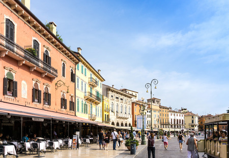 Verona, ITALY - September 3, 2016. Beautiful street view of  Verona center. Shakespeare's plays are set in Verona: Romeo and Juliet, The Two Gentlemen of Verona, and The Taming of the Shrew.のeditorial素材