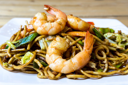 Shrimp fried noodle asian food on the tableの写真素材