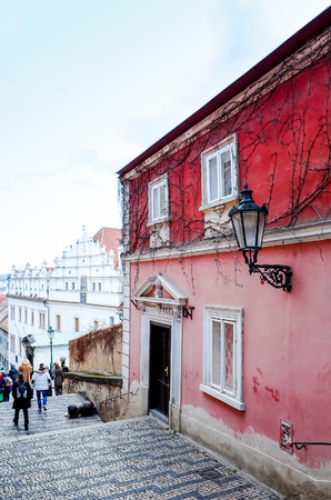 PRAGUE, CZECH REPUBLIC - DEC 23 : Beautiful street view of Traditional old buildings in Prague, Czech Republic. DEC 23, 2014 in PRAGUEのeditorial素材