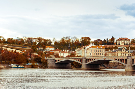 Old Town ancient architecture and river pier in Prague, Czech Republicの写真素材