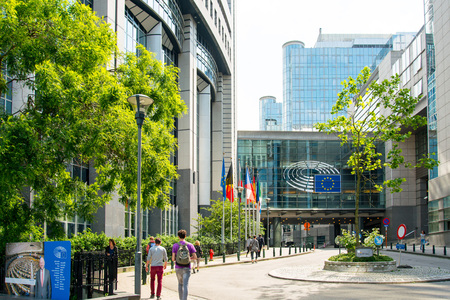 BRUSSELS, BELGIUM - June 16, 2016 : Exterior of the building of the European Parliament in Brussels, Belgium. it exercises the legislative function of the EU.June 16, 2016, BRUSSELS, BELGIUMのeditorial素材