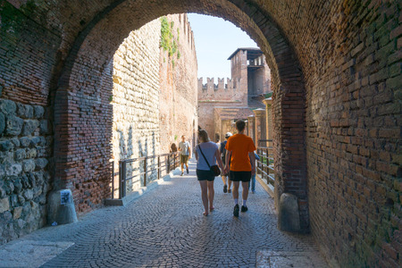 Verona, ITALY - September 3, 2016. Beautiful street view of  Verona center. Shakespeare's plays are set in Verona: Romeo and Juliet, The Two Gentlemen of Verona, and The Taming of the Shrew.のeditorial素材