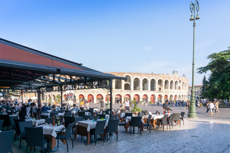 Verona, ITALY - September 3, 2016. Beautiful street view of  Verona center. Shakespeare's plays are set in Verona: Romeo and Juliet, The Two Gentlemen of Verona, and The Taming of the Shrew.のeditorial素材