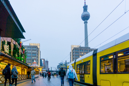BERLIN, GERMANY - DECEMBER 23, 2016: Beautiful decorated booths and christmas lights at Alexanderplatz Christmas Market.のeditorial素材