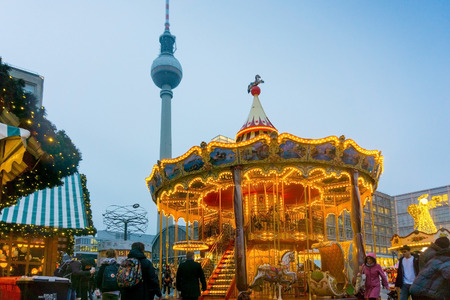 BERLIN, GERMANY - DECEMBER 23, 2016: Beautiful decorated booths and christmas lights at Alexanderplatz Christmas Market.のeditorial素材