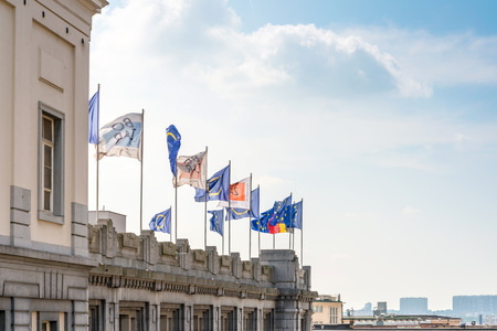 BRUSSELS, BELGIUM - June 16, 2016. Street view of Buildings around city night, one of the most popular tourist destinations in brussel, Belgium.のeditorial素材