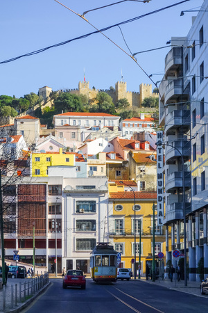 Lisbon, Portugal.- January 11,2017: Traditional old buildings on January 11,2017. Beautiful street view of historic architectural in Lisbon, Portugal, Europeのeditorial素材