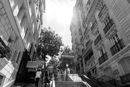 PARIS, FRANCE - August 7, 2016 : Tourists on foot Graben Street view around Paris city. Paris is the capital and most populous city of France. Paris, Franceのeditorial素材